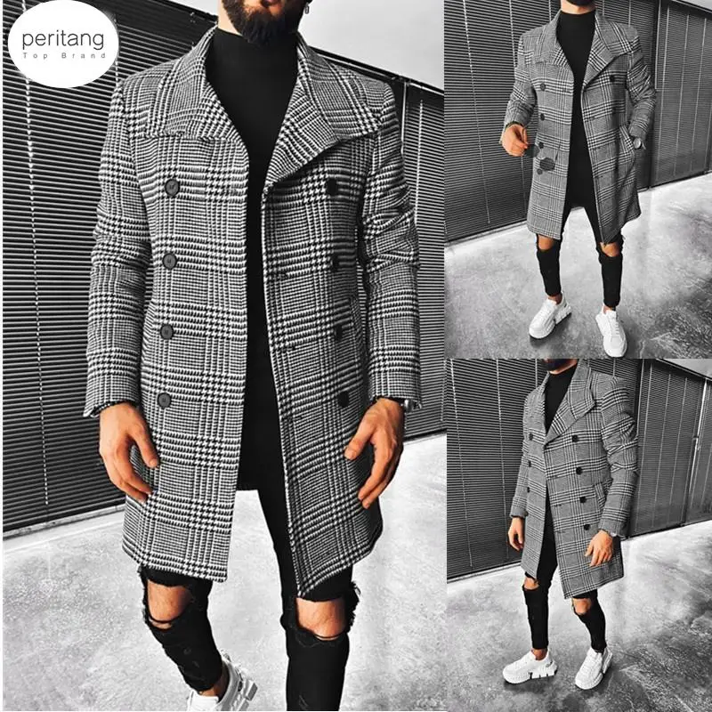 

Fashion Men Coat Autumn Winter New Fashion Plaid Double Breasted Lapel Coat Mid-long Coat Men Chic Wool Blends Winter Coat Men