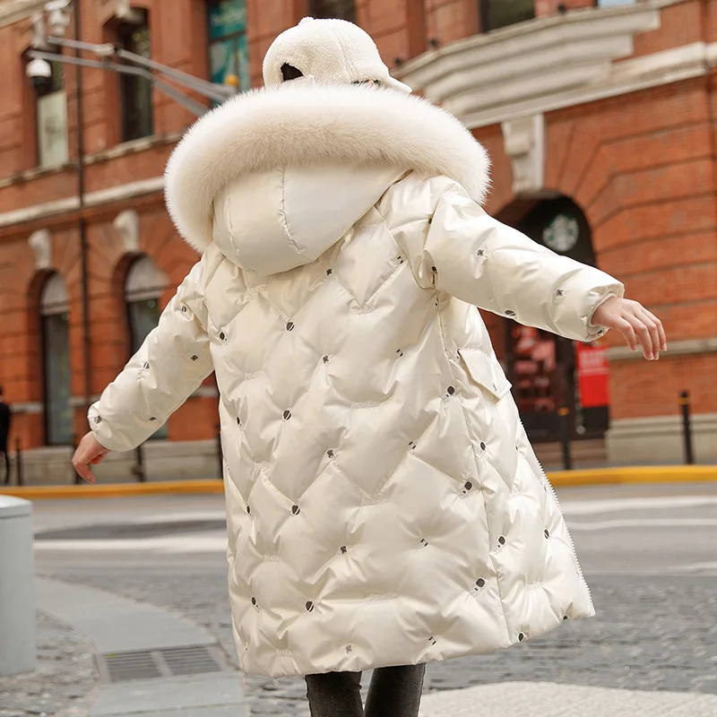 

Down Jacket with Fur Collar for Girls Mid-length Fashion New Snowsuit Teenager Bright Print Tops Winter Thick Warm Coat 4-14 Yrs