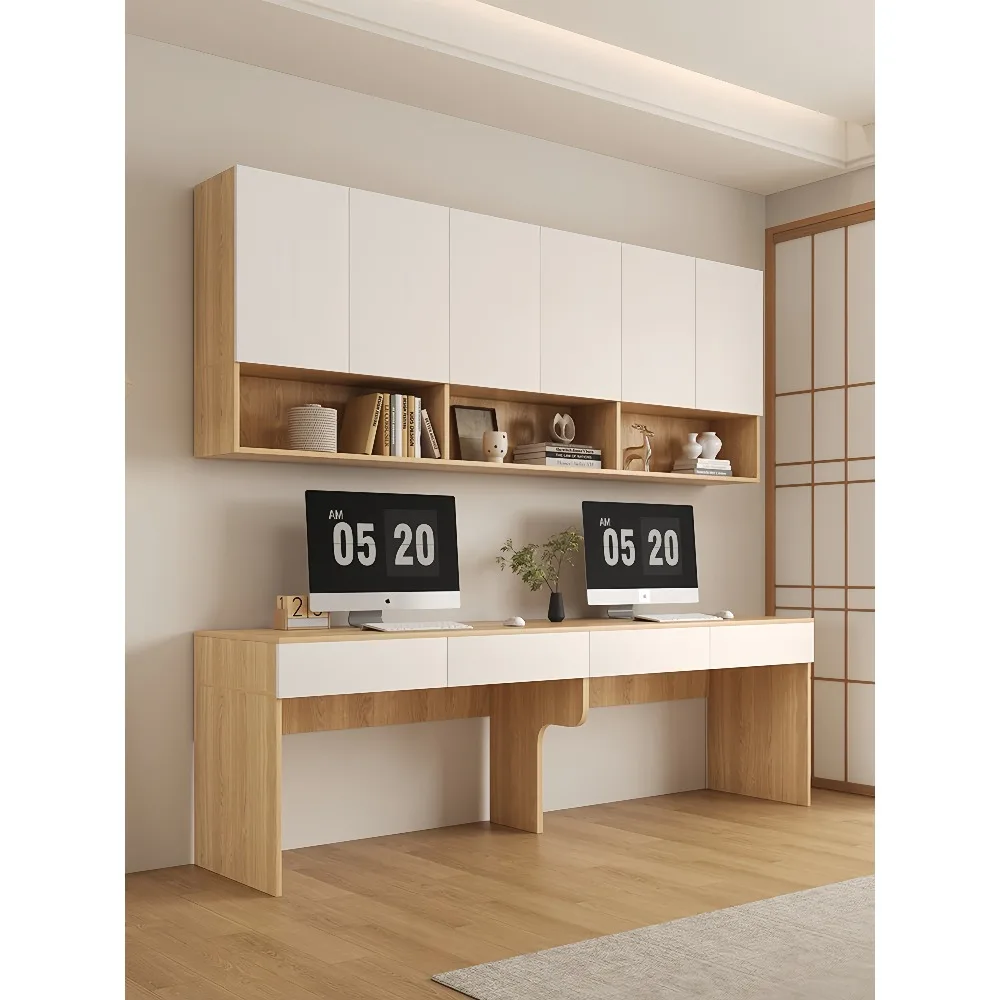 Scrivania in Legno Massello con Armadio Combinato, Mobile a Muro e Libreria Salvaspazio, Tavolo per Computer e Scrittura per Casa, Ufficio, Camera da Letto - immagine 2