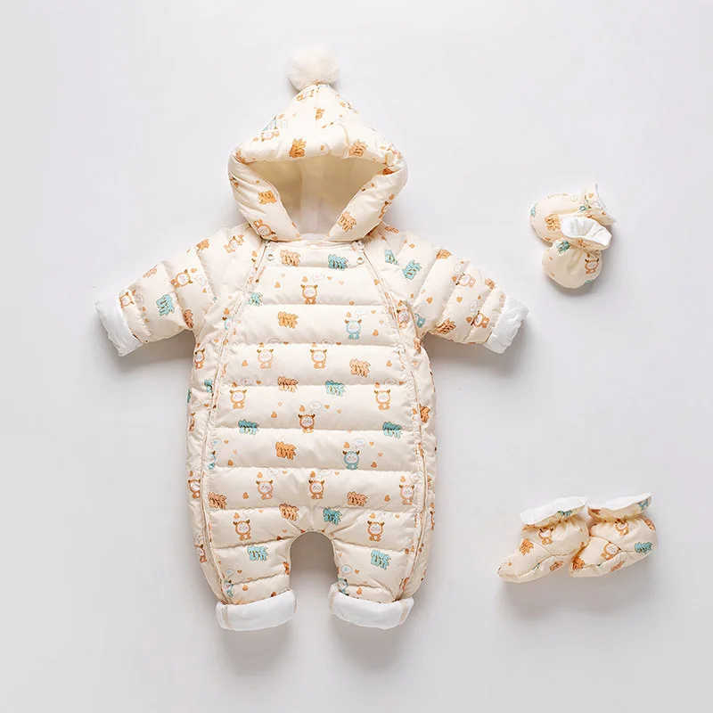 Winter baby down jacket jumpsuit newborn boys thickening outdoor hug kid clothes girls plush printed rompers hooded footies Baby Jumpsuit