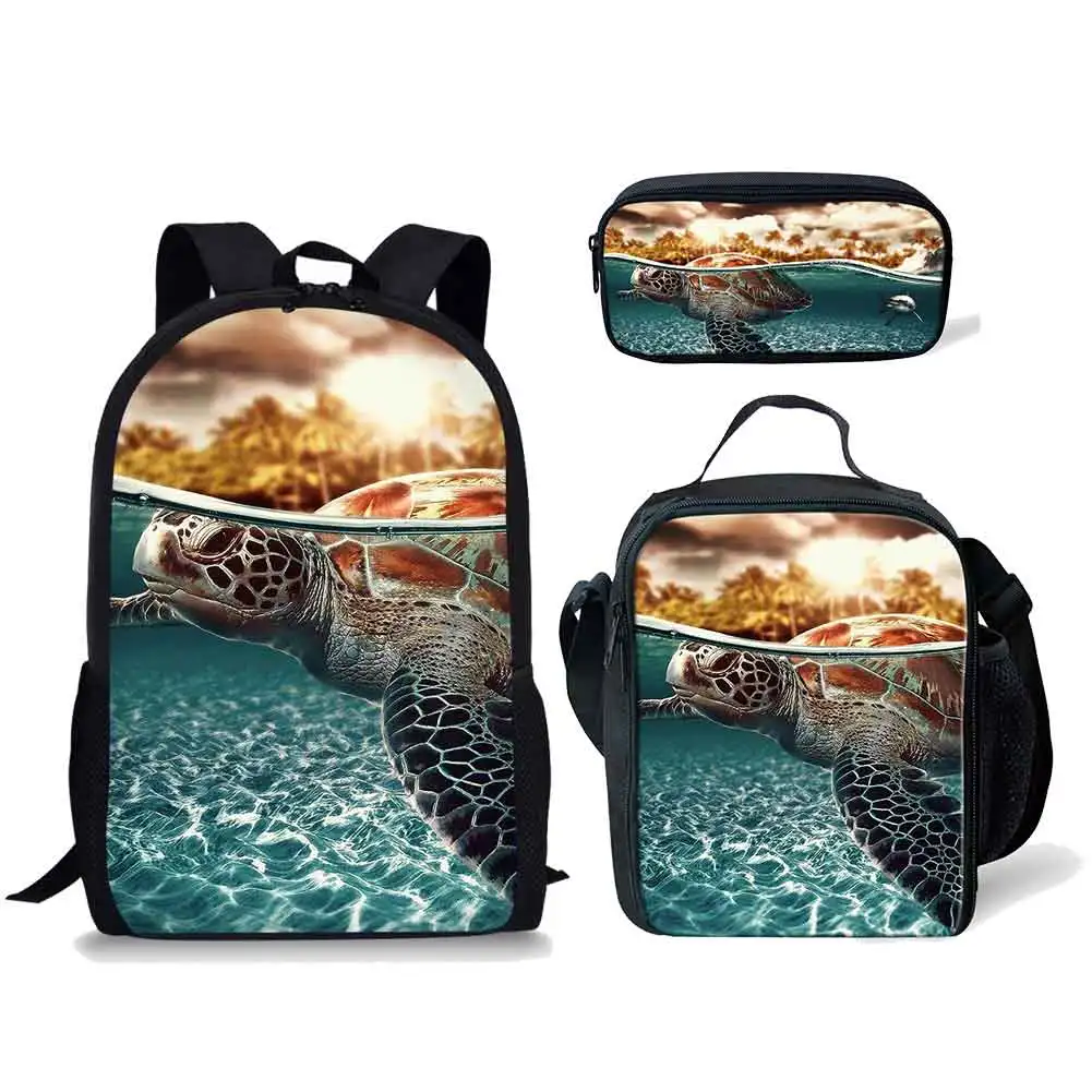 Popular Novelty Trendy Turtle Pattern 3pcs/Set Backpack 3D Print Student Bookbag Travel Laptop Daypack Lunch Bags Pencil Case