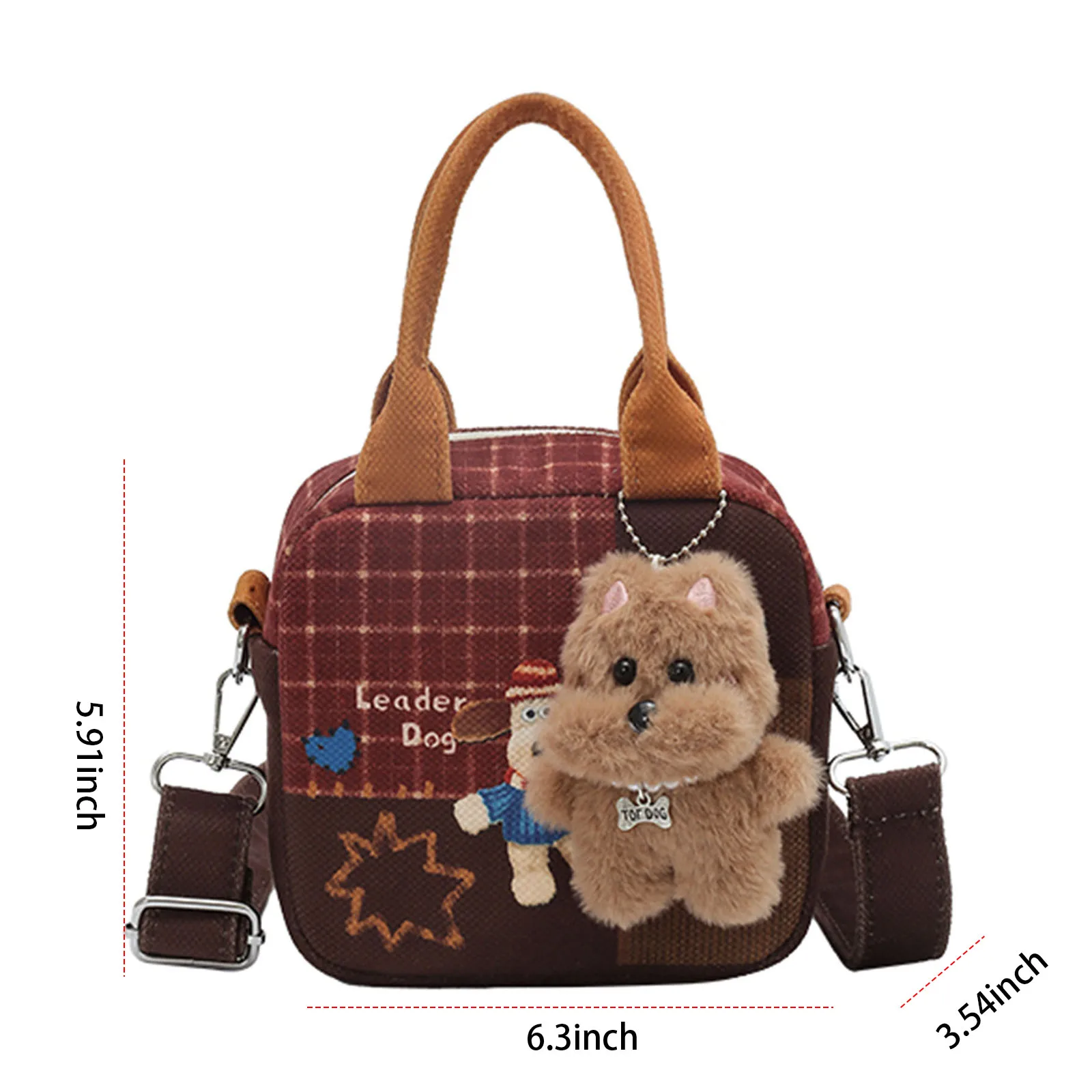 Women Cartoon Plaid Crossbody Bag W/Pendant Shoulder Bag Small Tote Bag for Travel Shopping Daily Use