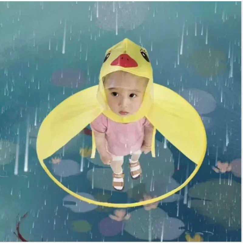 Creative Kids Rain Cover Cute Cartoon Duck UFO Children's Raincoat Boys And Girls Umbrella Hat Windproof Poncho Rain Gear Hot