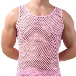 Men Undershirt Mesh See-Through Sleepwear Fish Net Pure Color Vest for Sleeping Nightclub Sheer Tops Shirt Fishnet Muscle Top