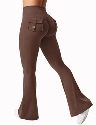 High-Stretch Women's Wide Leg Yoga Leggings with Pockets - Naked Feeling Compression Fitness Pants - S (Brown)