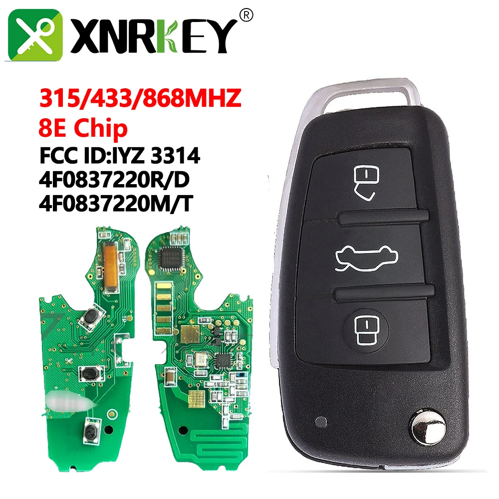 

XNRKEY 3 Button Car Remote Key 8E Chip 315/433/868Mhz for Audi A6 S6 Q7 2004-2015 IYZ 3314 4F0837220R/D 4F0837220M/T Car Key
