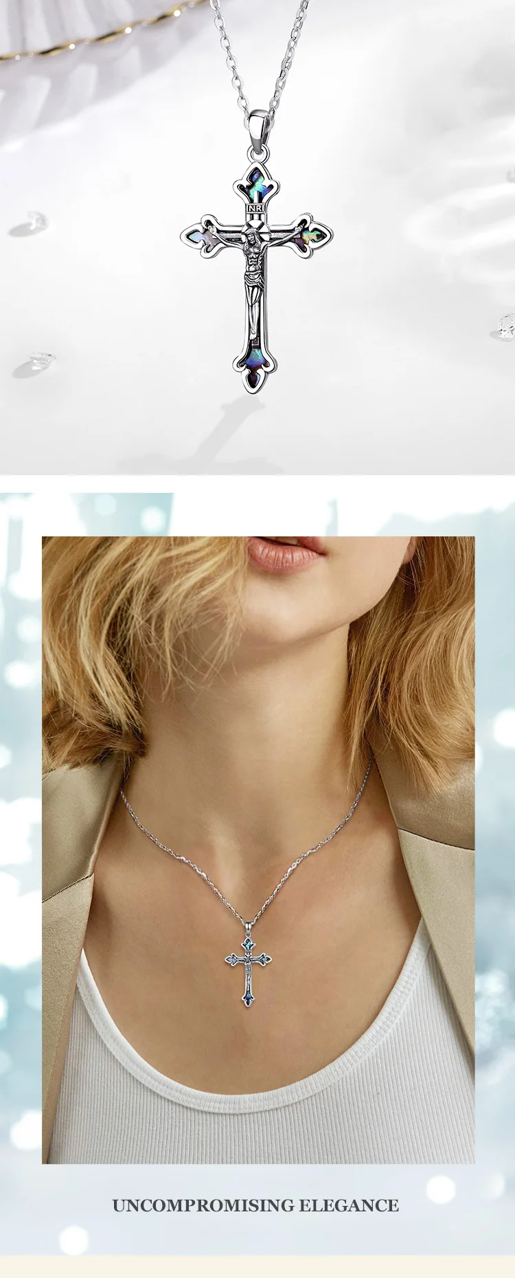 Abalone Jesus Silver Cross Unisex Necklace - Image 9