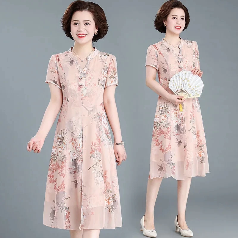 

Large Size Chiffon Dress Women Spring Summer 2023 Stand Collar Skirt Fashion Casua Elegant Long Cheongsam Dresses Womens