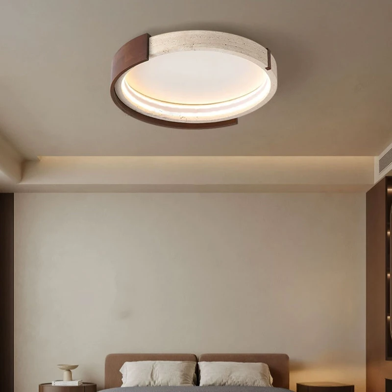 Novelyt Natural Stone LED Ceiling Lamp 46cm Dimmable Dark Wood Parlor Bedroom Dining Room Lighting Fixtures