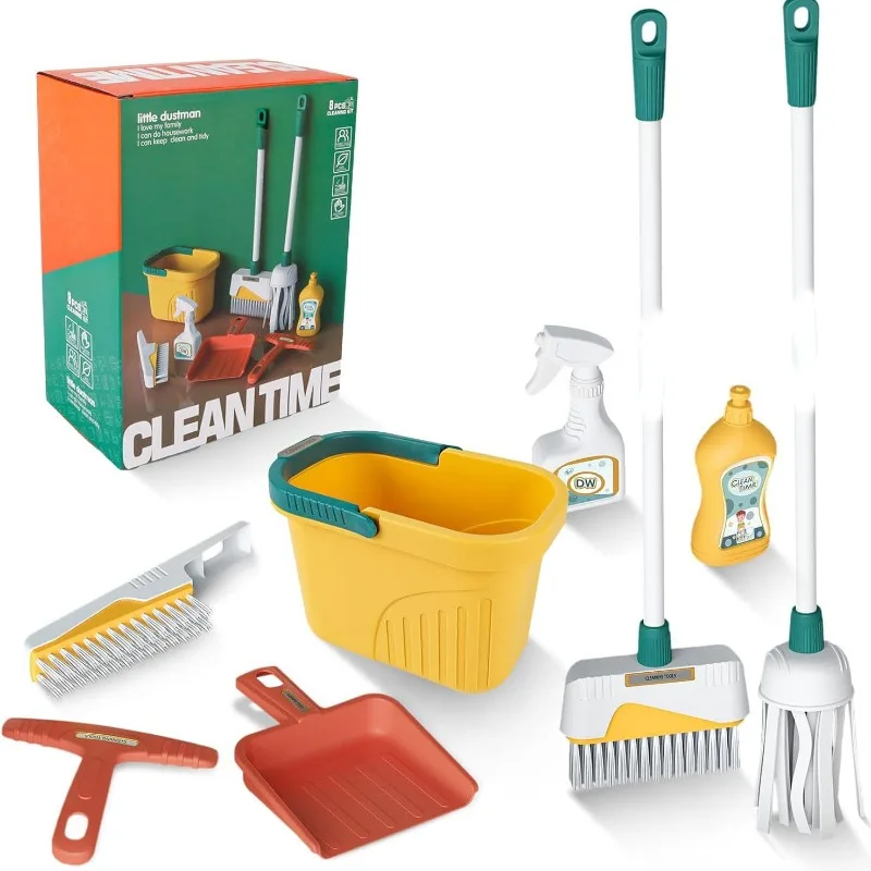 Kids Cleaning Set Housework Supplies Kit with Dustpan Broom Bucket Mop Cleaning Set Play House Toys for Boys & Girls 8PCS/Set