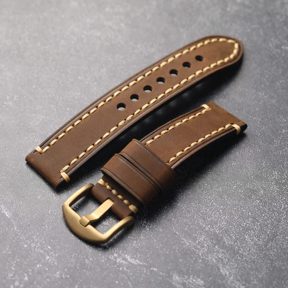 

Brushed Crazy Horse handmade Leather Strap 20mm 21mm 22mm 23mm 24mm 26mm Brown Black Brass Buckle Genuine Leather Watch bands