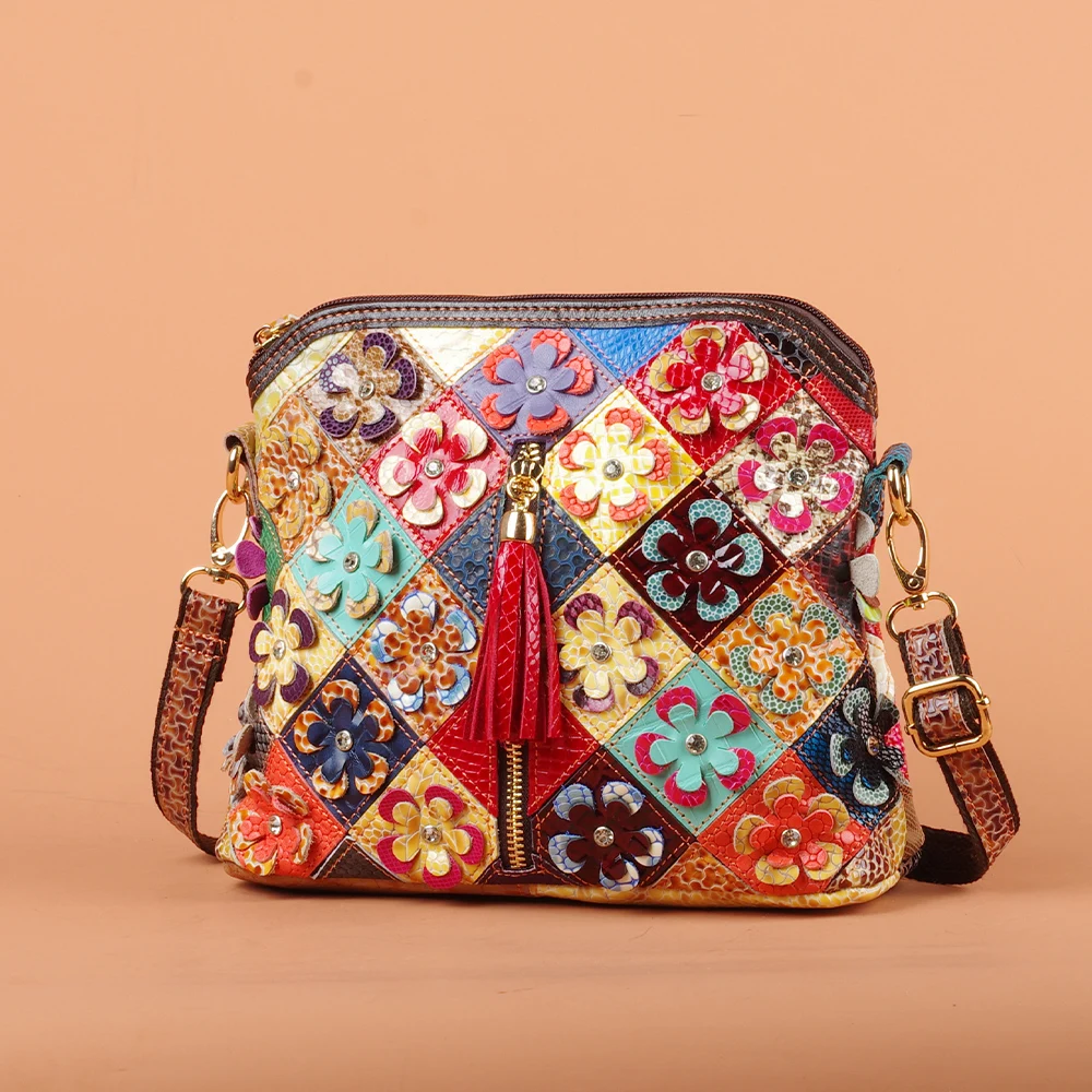 Multi-color snake pattern splicing tassel genuine leather cowhide bag shoulder women's bag personalized casual women's small