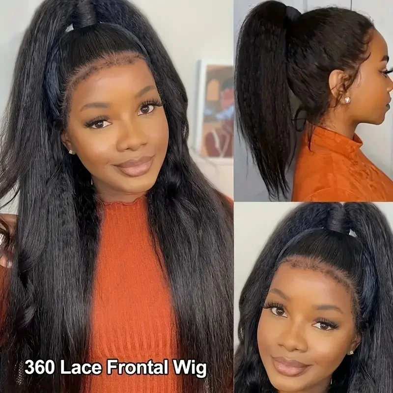 Kinky Straight 360 Lace Front Wigs Human Hair invisi strap Brazilian 40 Inch Yaki Straight V Part Wig Human Hair Wig Preplucked 3