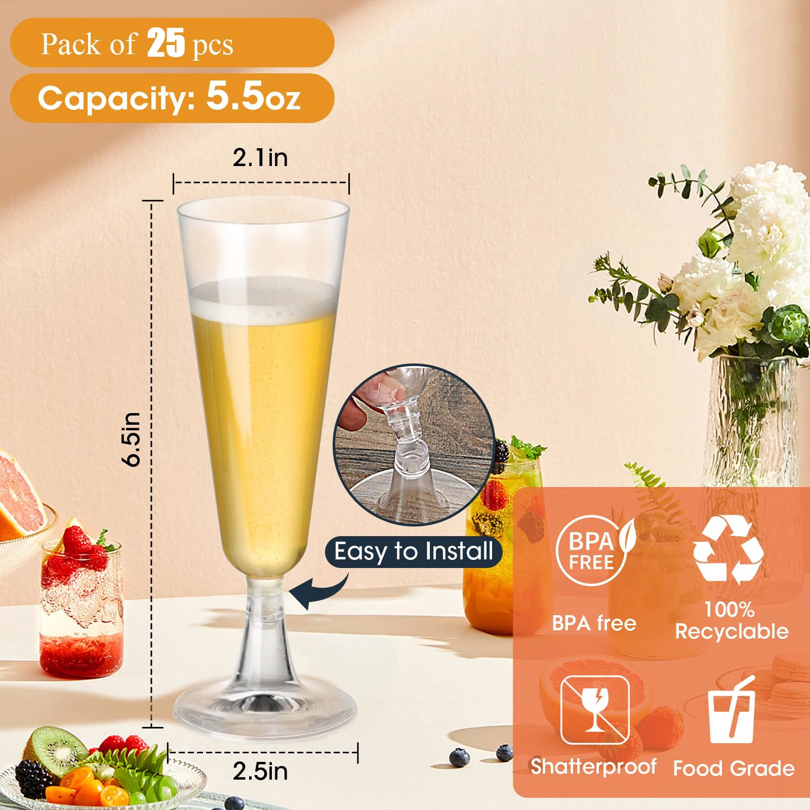 25Pack Plastic Champagne Flutes 5.5 Oz Disposable Champagne Glasses Mimosa Wedding Toasting Glasses Party Cocktail Cups Bulk plastic cups plastic champagne flutes