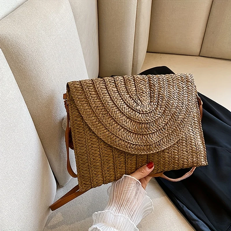 Summer Beach Handmade Straw Woven Clutch, Elegant Women's Casual Shoulder Crossbody Bag with Detachable Shoulder Strap