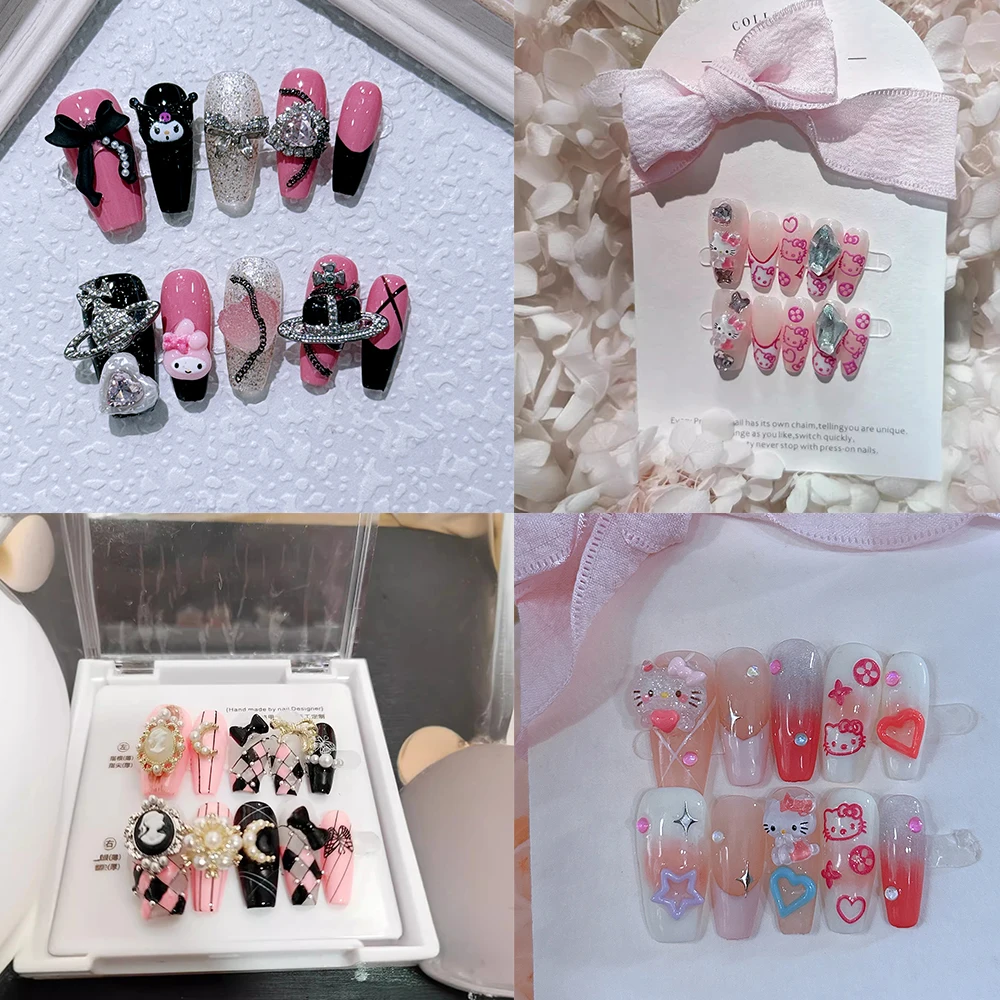

Sanrio Kawaii Cute Hello Kitty Handwork Press-on Nails Sweet Melody Bow Fake Nails Schoolgirl Accessory Couple Festivals Gift
