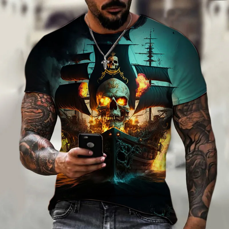 

Men's T-Shirt for Men Vintage Skull Pirate Ship 3D Printed T Shirt Summer Top Short Sleeve Clothes Casual Tee Shirt Streetwear
