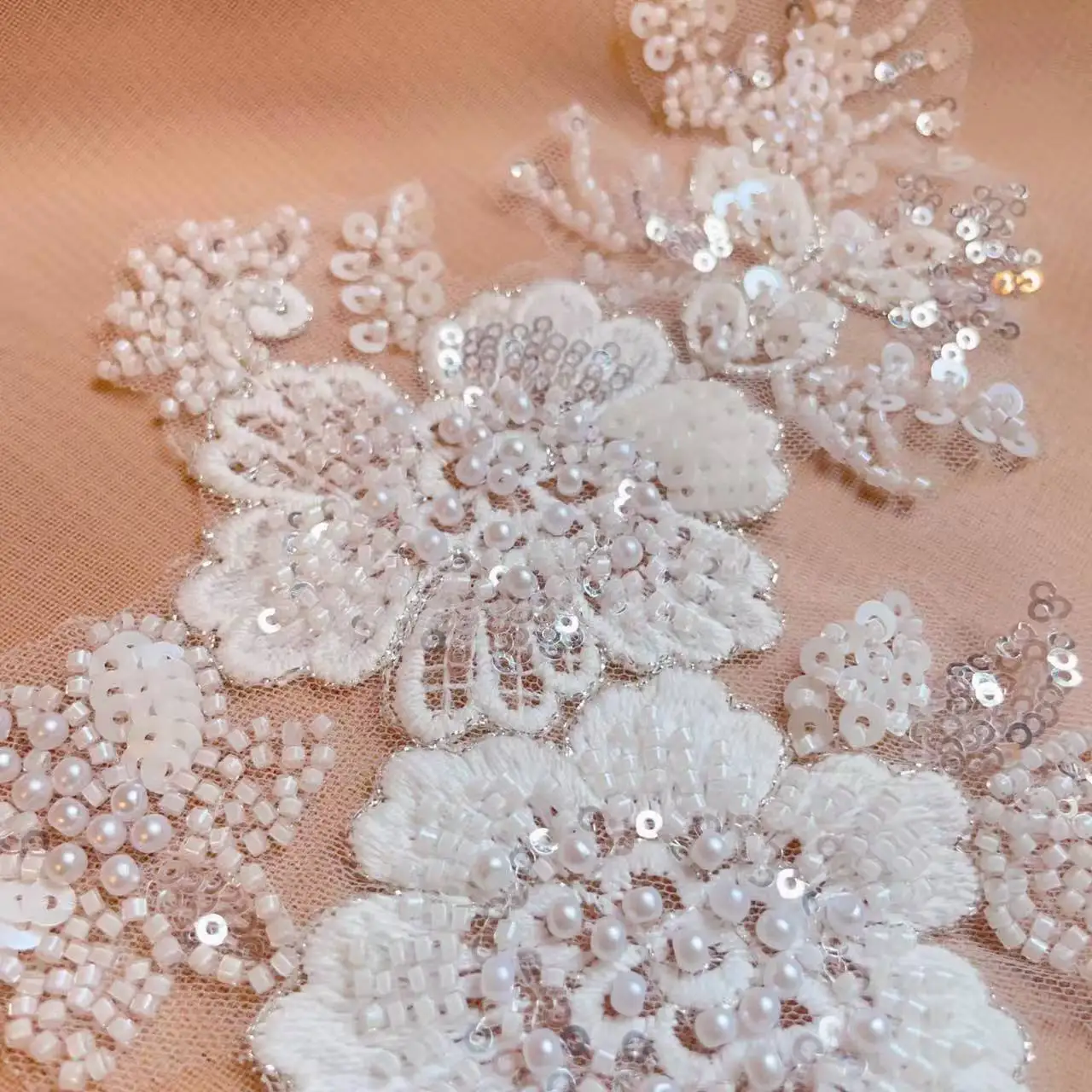 Elegant Pearl Embroidered Glitter Floral Lace Decoration