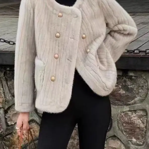 Fashion Solid Color Long Sleeve Round Neck Commute Style Fake Fur Coat 2023 Autumn Winter Double Breasted Leather Overcoat