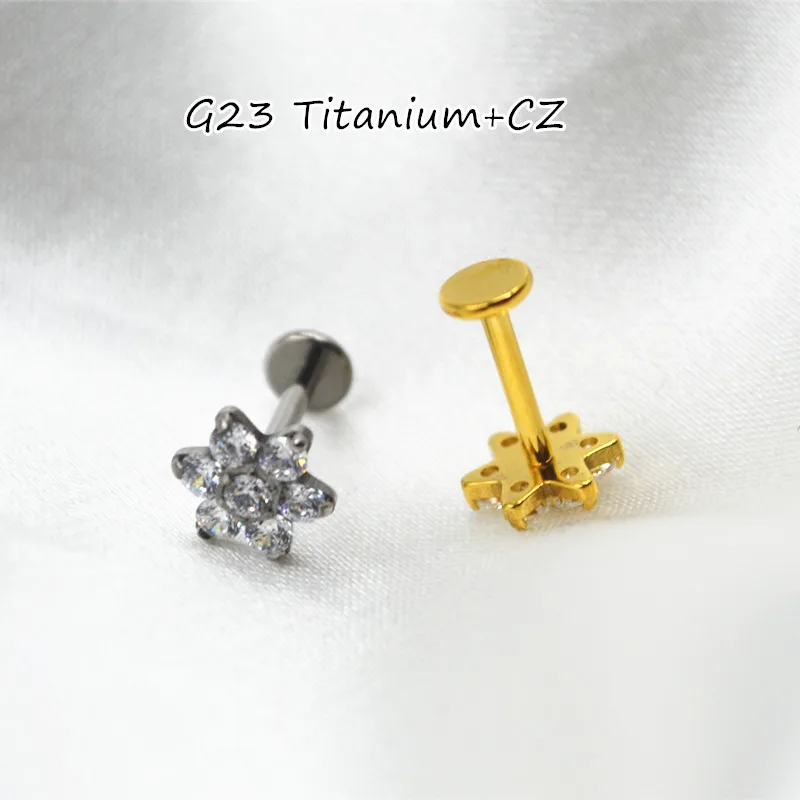 

10pcs Body Jewelry 16Gx8mm Push G23 Titanium CZ Flower Lip Labret Bar Ear Helix Tragus Rook Barbells Stud Piercing Jewelry Shine