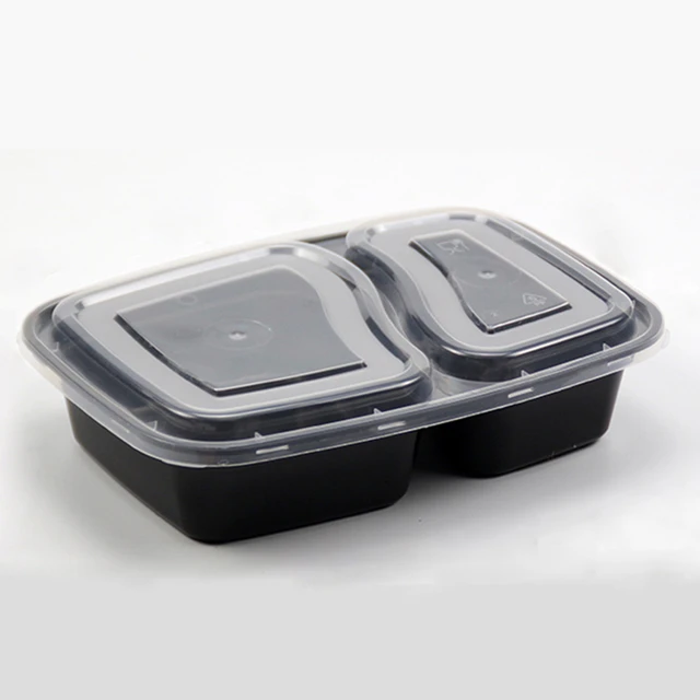 Microwavable Food Containers, 2-Compartment with Lids - Black