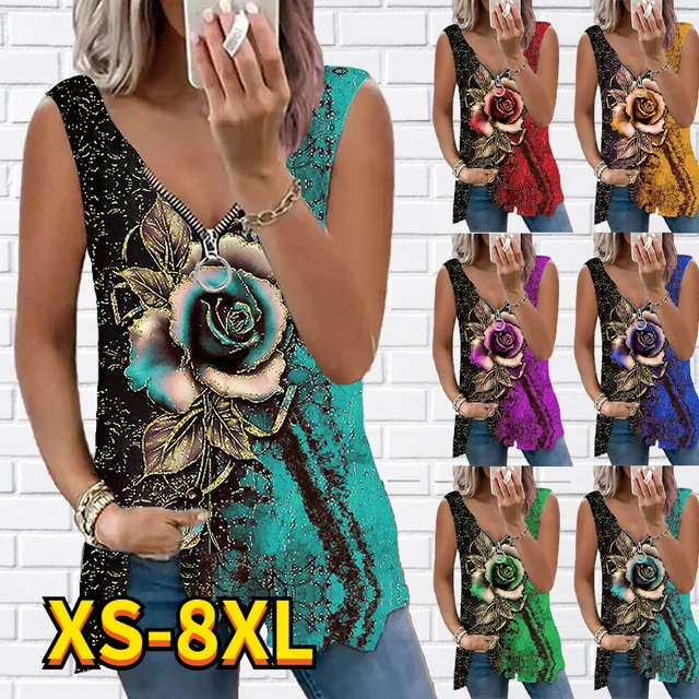 Women's Plus Size tank tops 2022 New Flower Printing vest Sexy V-neck  Zipper sleeveless T-shirt Casual Loose Pullover Tops - AliExpress