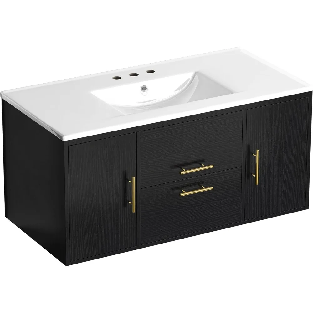 36 Inch Floating Bathroom Vanity with Three Holes Sink, Wall Mounted Cabinet with 2 Storge Cainets Undermount Ceramic Basin 6
