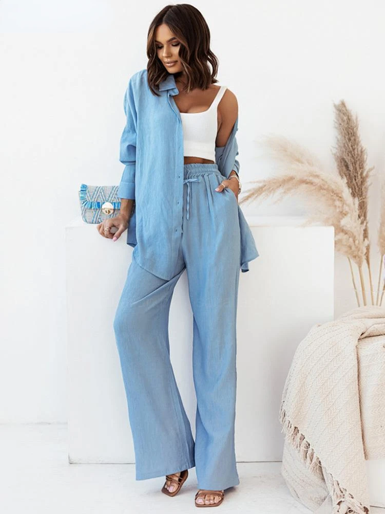 

2023 Sumuyoo Casual Women Tracksuit Shirts Pant Suit Summer Long Sleeve Shirt Wide Leg Pants 2 Pieces Set Female Lady New