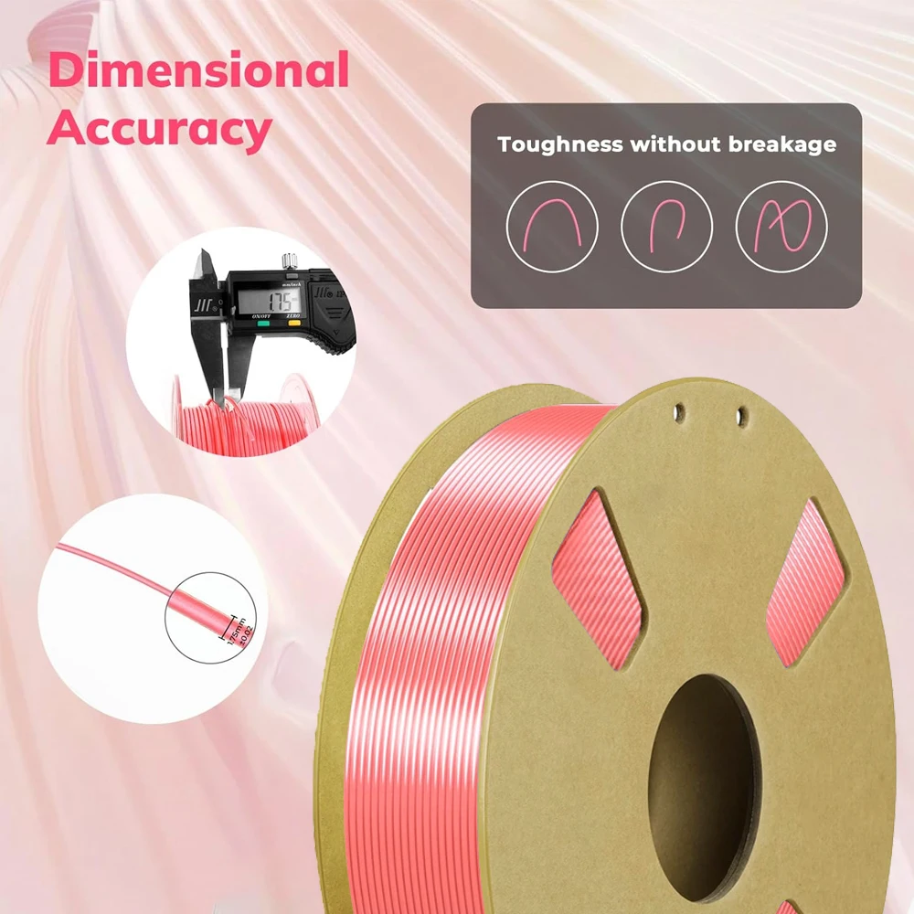 실크 PLA+ 1.75mm 필라멘트, 크롬 광택 부드러운 질감, 안정적인 출력, 200g/250g/500g/1000g 스풀, 핑크