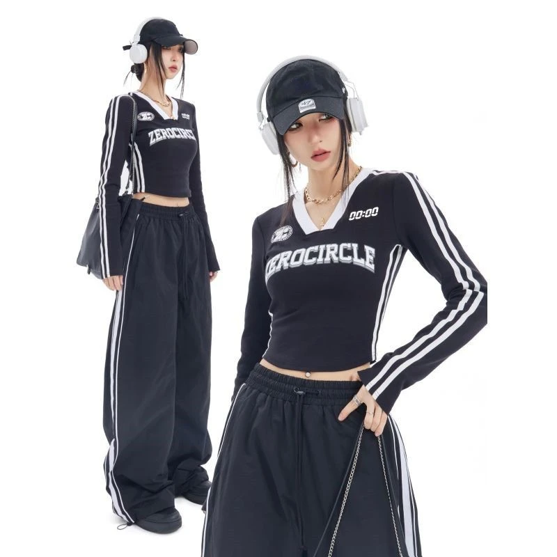 

Chic Fashion Women Vintage Contrast Color Jersey Print Long Sleeve T-Shirts Streetwear Slim Fit Short Length V Neck Top