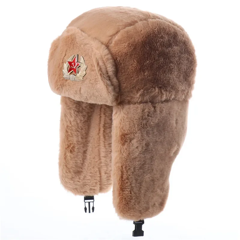 Winter Men Women Soviet Army Military Badge Russia Bomber Hats Pilot Trapper Trooper Hat Faux Fur Earflap Ski Snow Caps Ushanka