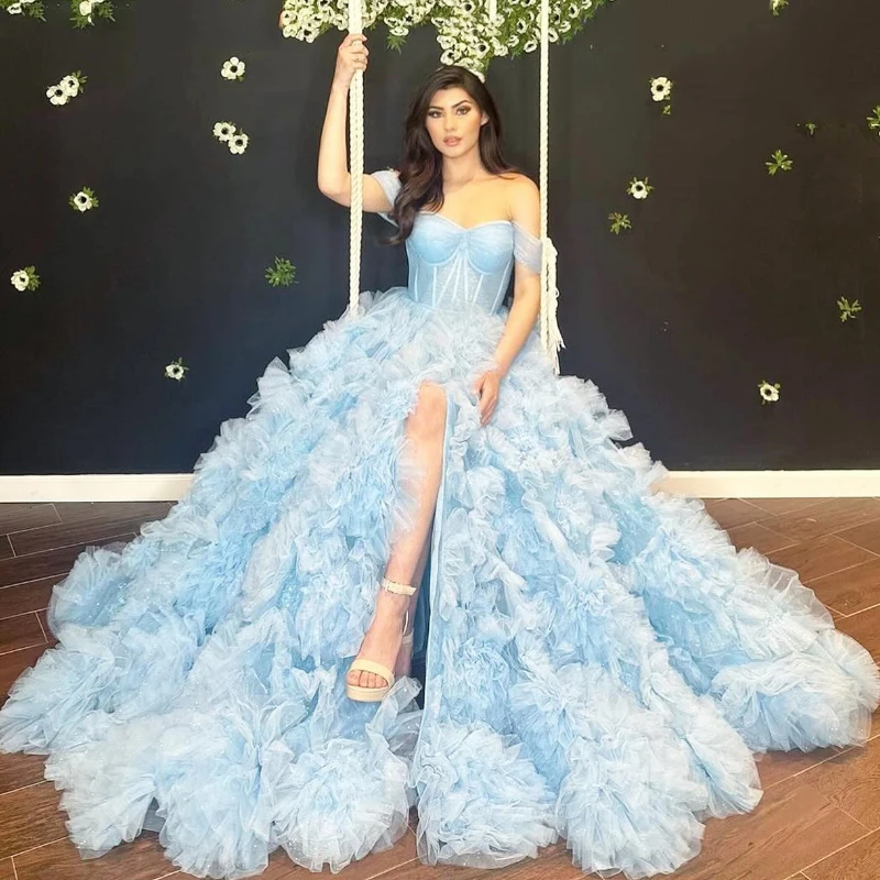 

Sky Sweetheart Ball Gown Quinceanera Dress Tieres Tull Off the Shoulder Birthday Party Gowns Ruffles Sweet 16 15 Robe De Ball