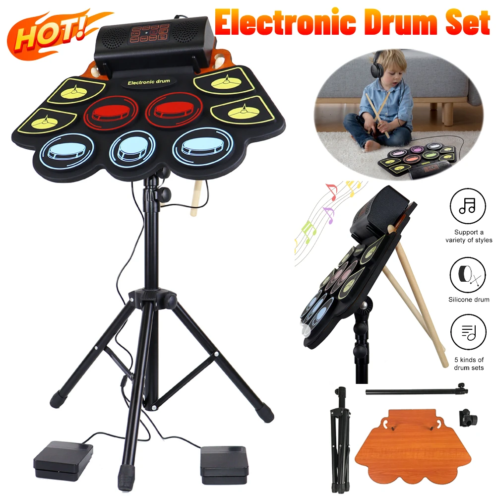 Electronic Drum Set With Drum Sticks Pedals Music Drums 9 Pad Roll-Up Musical Electronic Drums Instrument For Kids Adults portable drum pad