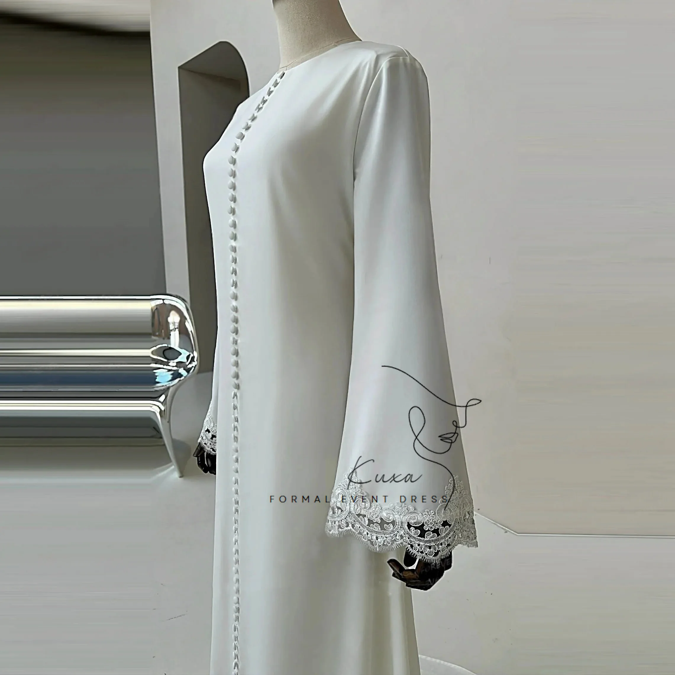 KUXA Elegant Muslim Wedding Dresses A-Line Formal Lace Long Sleeves Floor-Length Bridal Gowns Button Sweep Train Customized