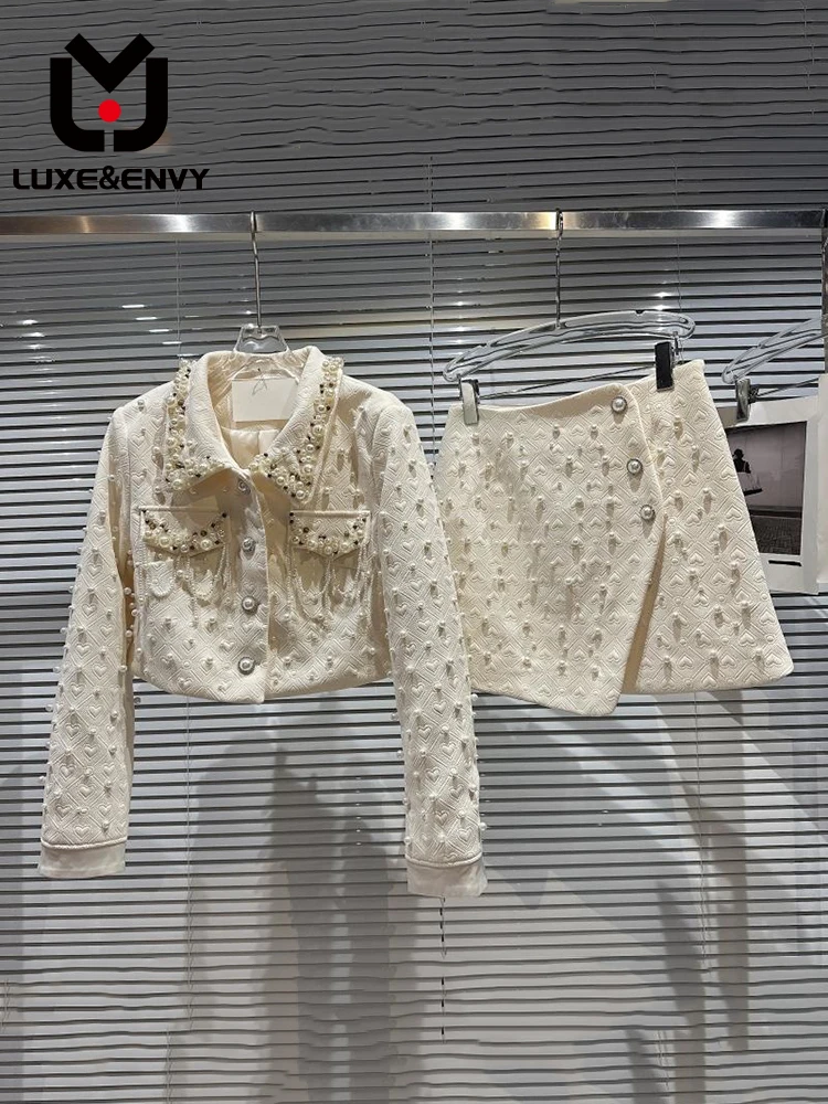 

LUXE&ENVY Trend Pearl Embroidered Flares Long Sleeve Coat Women's Loose High Waist Pic Set 2023 Spring 11P01619