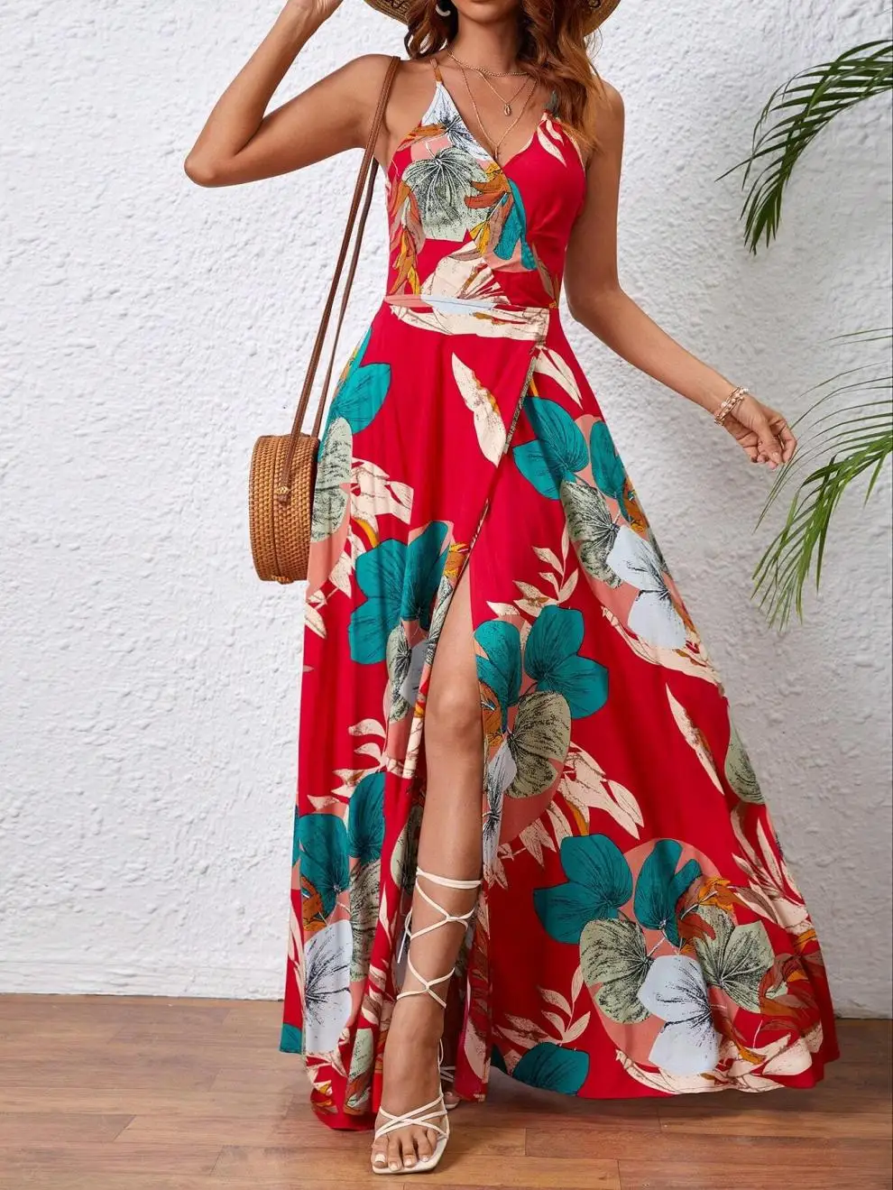 Fashion Flower Print Spaghetti Strap Dresses Women Sexy V-neck Backless Slit Long Dress Bohemian Style Vacation Beach Vestidos