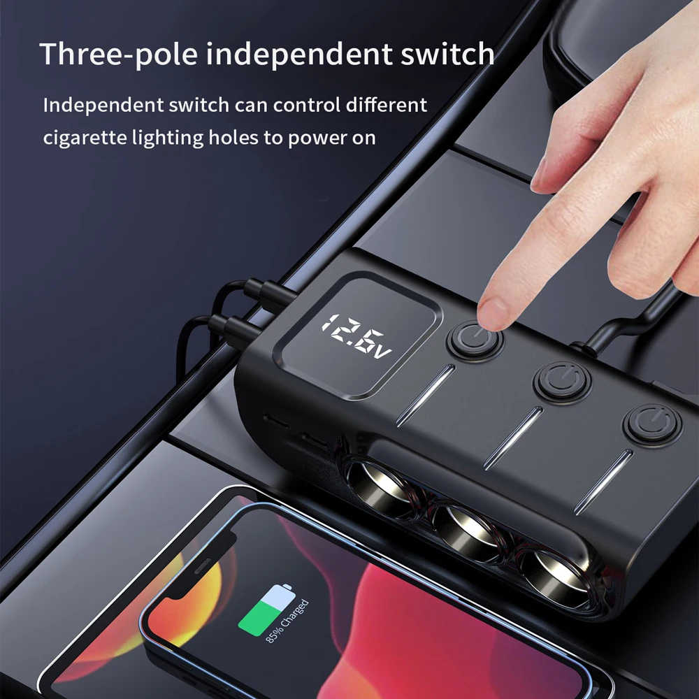 Auto Car Cigarette Lighter Dual USB 3 Way Socket Car Charger Adapter 12V/24V Socket Splitter for Car USB Type-C 120W Charger