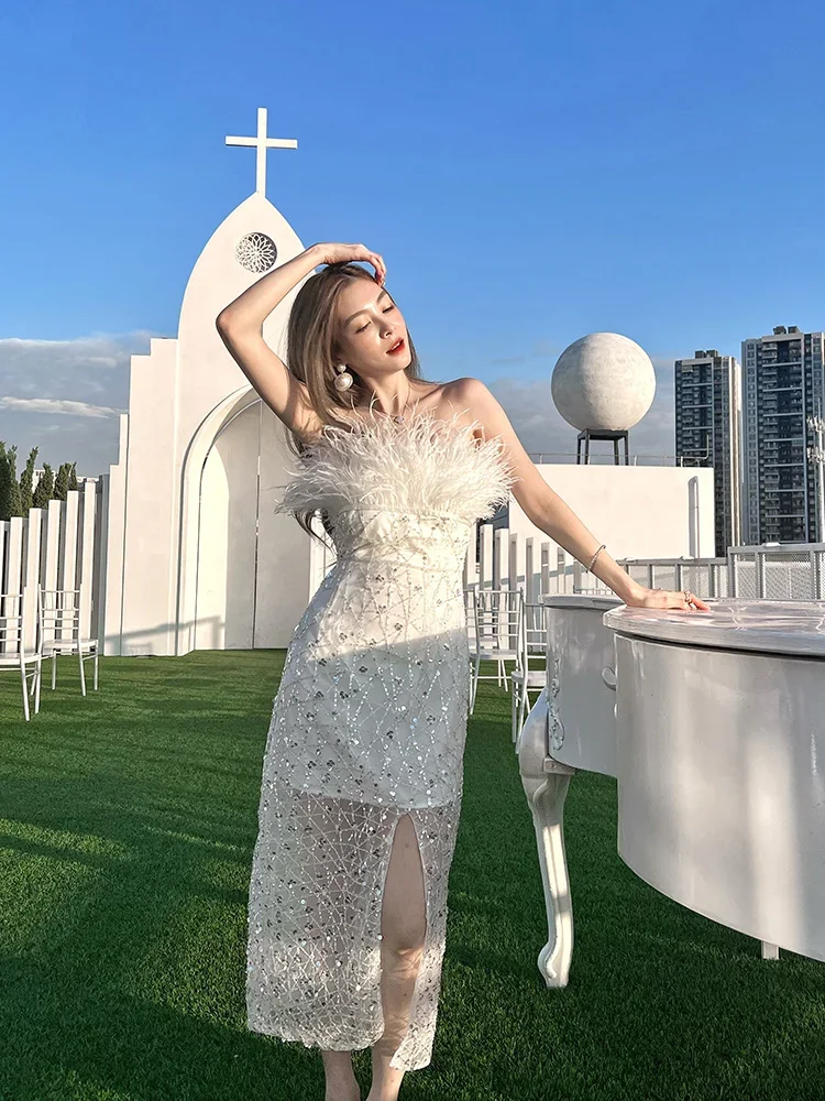 

White dress high-end light luxury super fairy feather birthday gift skirt heavy industry nail beaded strapless dress