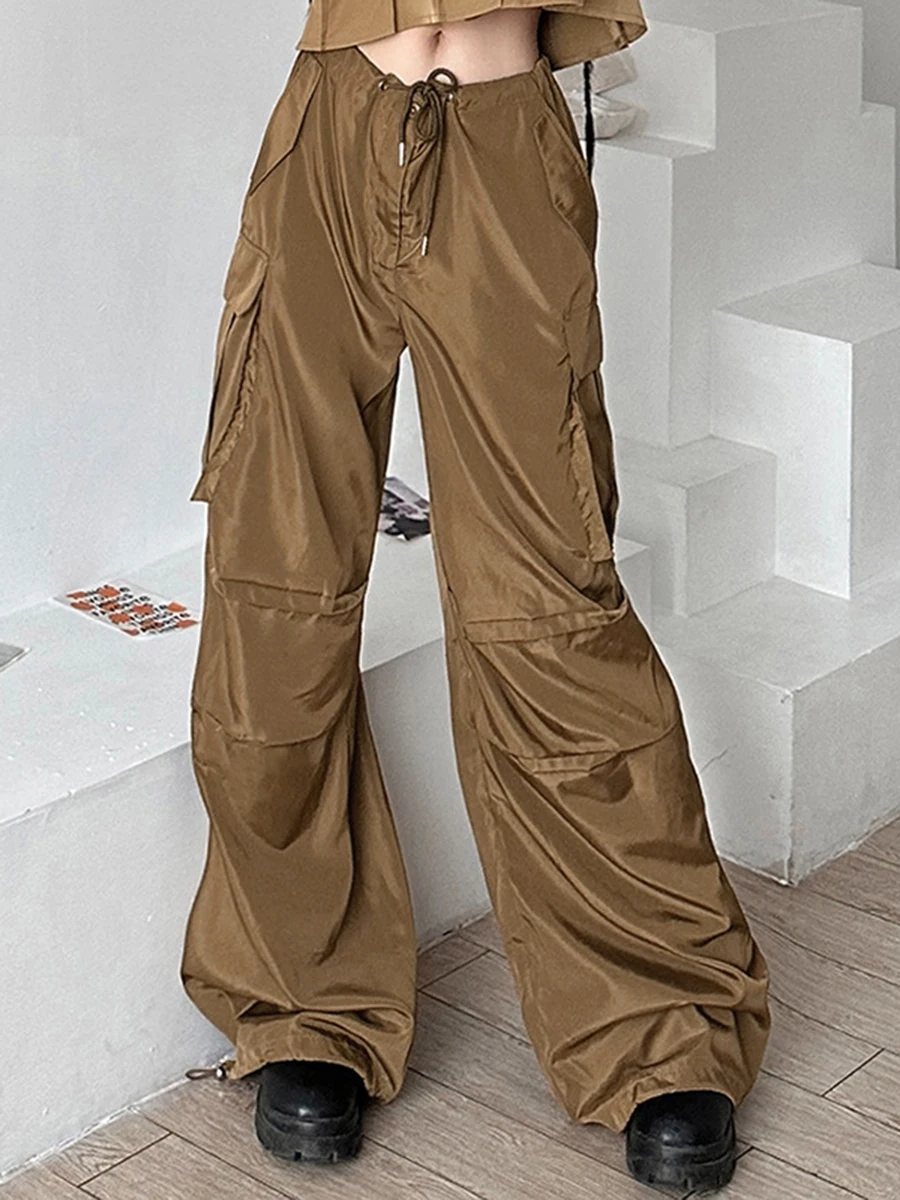 

Fashion Women's Trousers Spring Summer Casual Cargo Pants Brown Drawstring Multi-pockets Wide Leg Pants High Streetwear