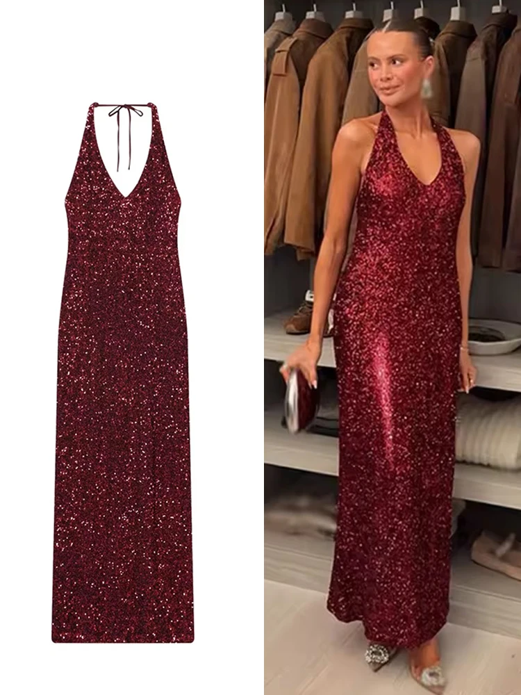Women's Sequin Sleeveless Halter Maxi Dresses Solid Bodycon Dress Off Shoulder V neck Sexy Club Party Dresses ﻿