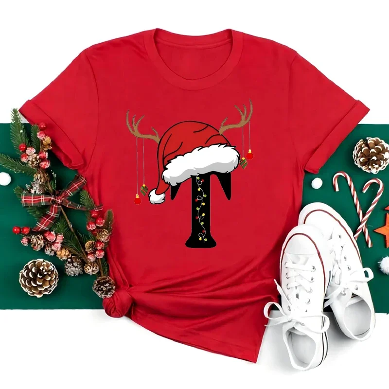 Weihnachten Alphabet T Shirt Frauen Casual Mode T-shirt Kurzarm Weihnachten Party Ästhetik Rot Top Harajuku Hülse Casual – Detail 11