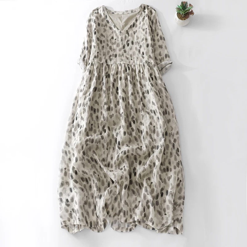 

Summer Printed 100% Cotton Dress Women V Neck Half Sleeve Travel Vacation Casual Loose Dress Female Oversize New Fashion X1271