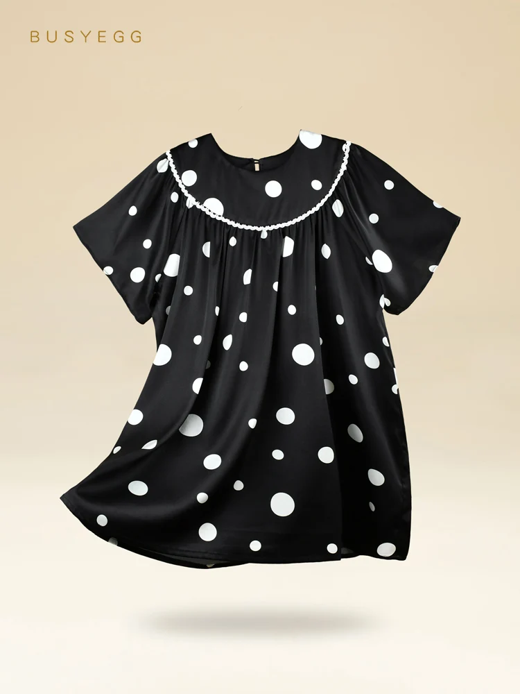 

Classic black children's natural silk nightdress girls polka dot printed real silk short sleeved dress homewear kids nightgown