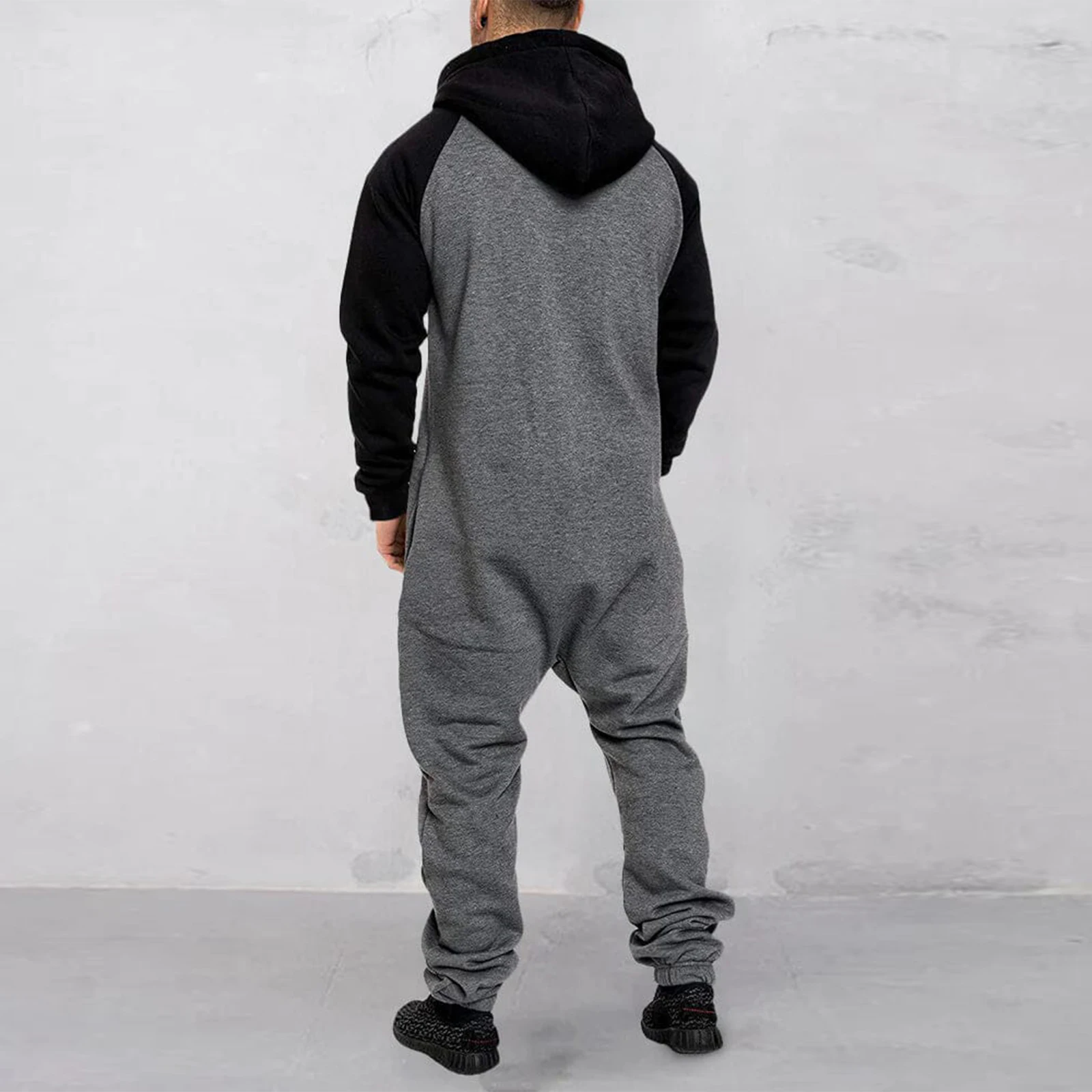 Men Jumpsuits Mens Hooded Jumpsuit Contrast Zipper Front Long Sleeve Full Length Romper with Pockets Winter Fall Clothes