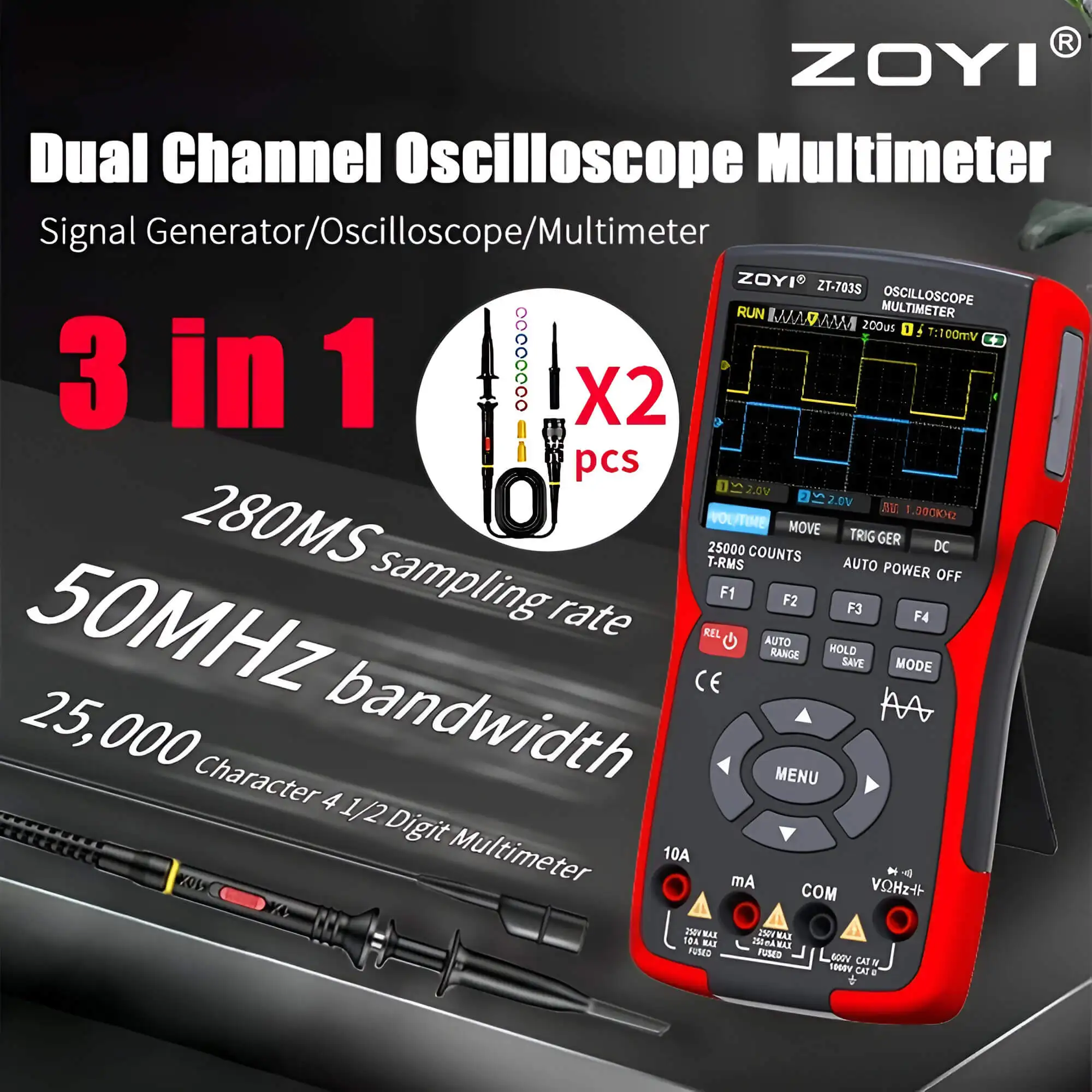 ZT703S Color Screen Handheld Digital Oscilloscope Multimeter Auto Repair Instrument Multi-function Measurement Anti-burn