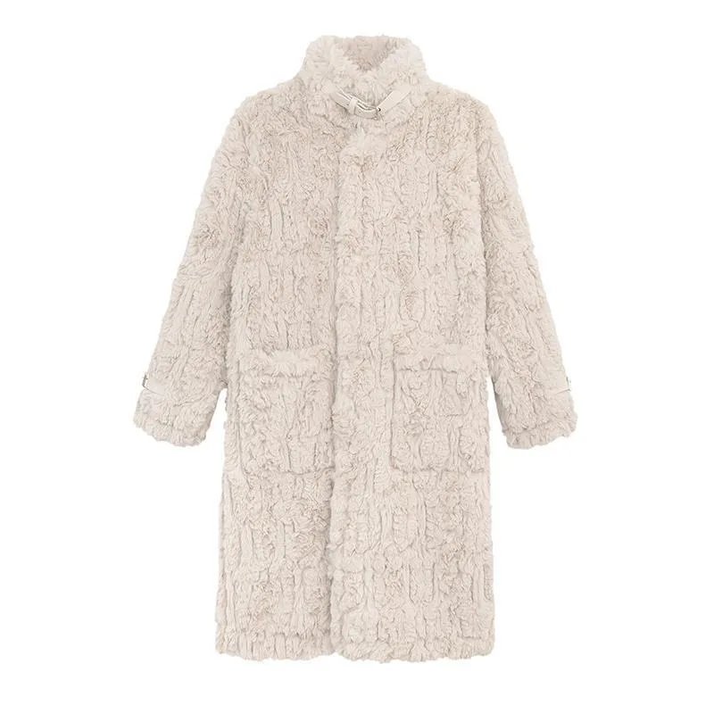 2023 New Women Winter Faux Fur Coat Lamb Plush Overcoat Fur Plush and Thicken Jacket Stand Collar Long Length Warm Outwear