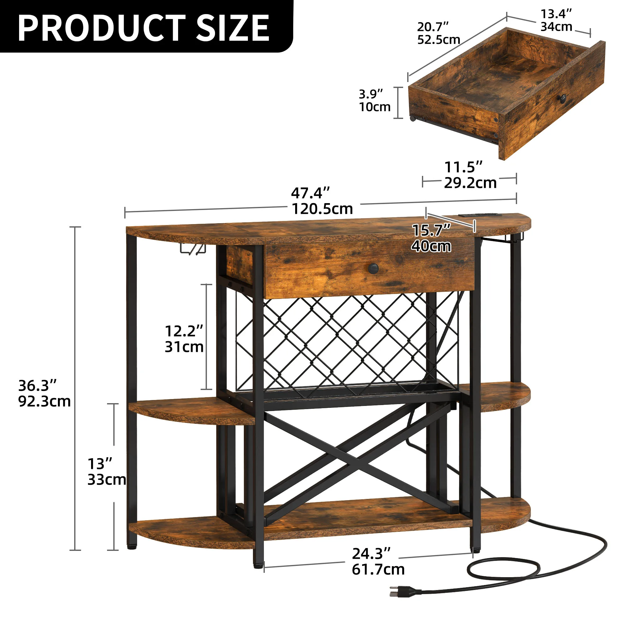 3 Tier Coffee Bar Wine Cabinet with LED Lights & Power Outlets Liquor Wine Rack