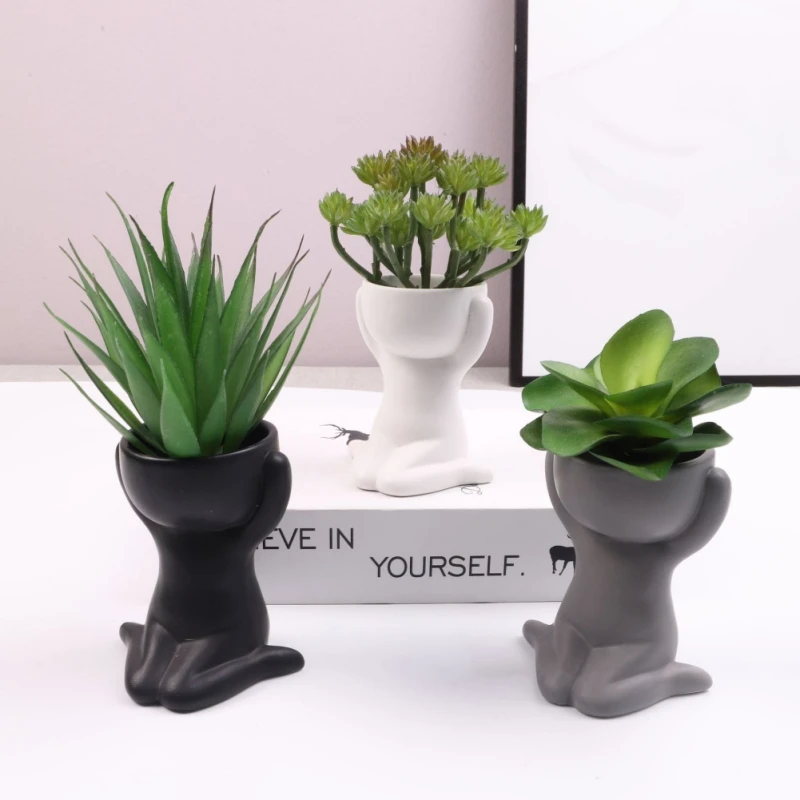 

Ceramic Creative Small Flower Pot Flower Vase Cute Little Man Statue Pot Planting Black White Ceramic Crafts Home Furnishings