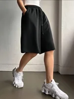 Plus-size women's casual style solid color sweatshirt and shorts with drawstring waist and pockets for everyday casual wear. - Image 5