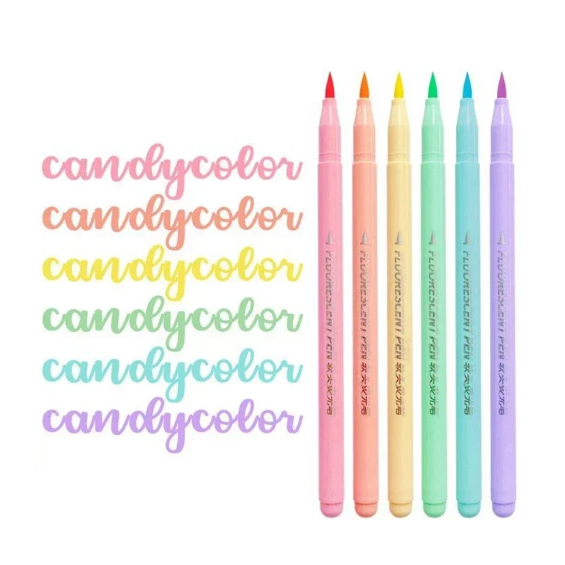 Soft Brush Fluorescence Pen Set 6 colors Pastel Markers Brush Set Art Color Highlighter Calligraphy pens Stationery